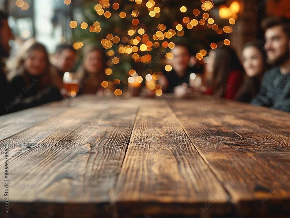 Obraz premium A group of friends enjoys drinks at a rustic wooden table, surrounded by sparkling lights and a cozy atmosphere, celebrating together during the holiday season. Space for product placement.