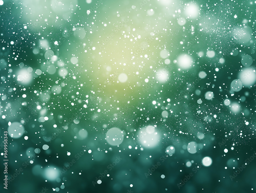 Fototapeta premium Delicate snowflakes drift gently through the air, creating a tranquil and enchanting winter landscape with a greenish hue in the background