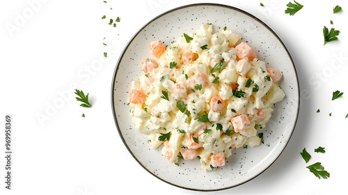 Creamy russian salad on a speckled plate with fresh parsley garnish