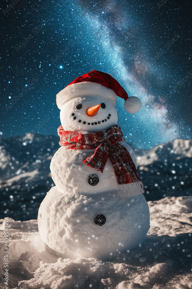 Fototapeta premium A snowman with Christmas cap on a snow field with mountain background, milky way night sky.
