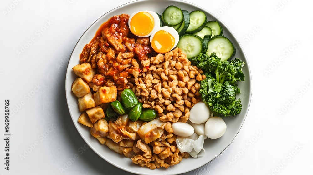 Vibrant asian-inspired bowl with tofu, vegetables, and eggs Vibrant asian-inspired bowl with tofu, vegetables, and eggs