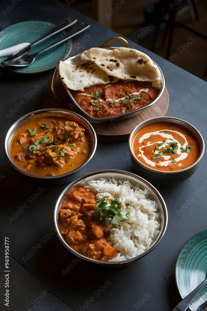 A few bowls of Indian food on a dark table. There are bowls of yellow rice, red curry with vegetables, black lentils and naan bread. A few bowls of Indian food on a dark table. There are bowls of yellow rice, red curry with vegetables, black lentils and naan bread.