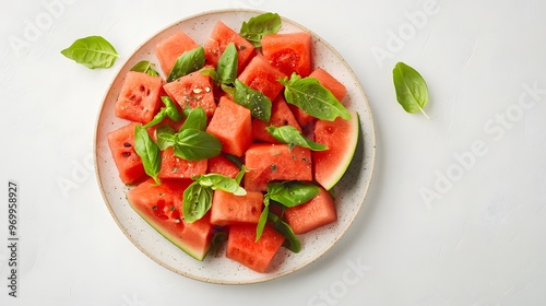 Fresh watermelon salad with basil on a plate