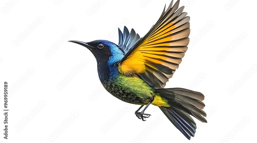 Fototapeta premium Regal Sunbird Flying on White Background, Photo Realistic, Wallpaper, Cover and Screen for Smartphone, PC, Laptop, 9:16 and 16:9 Format