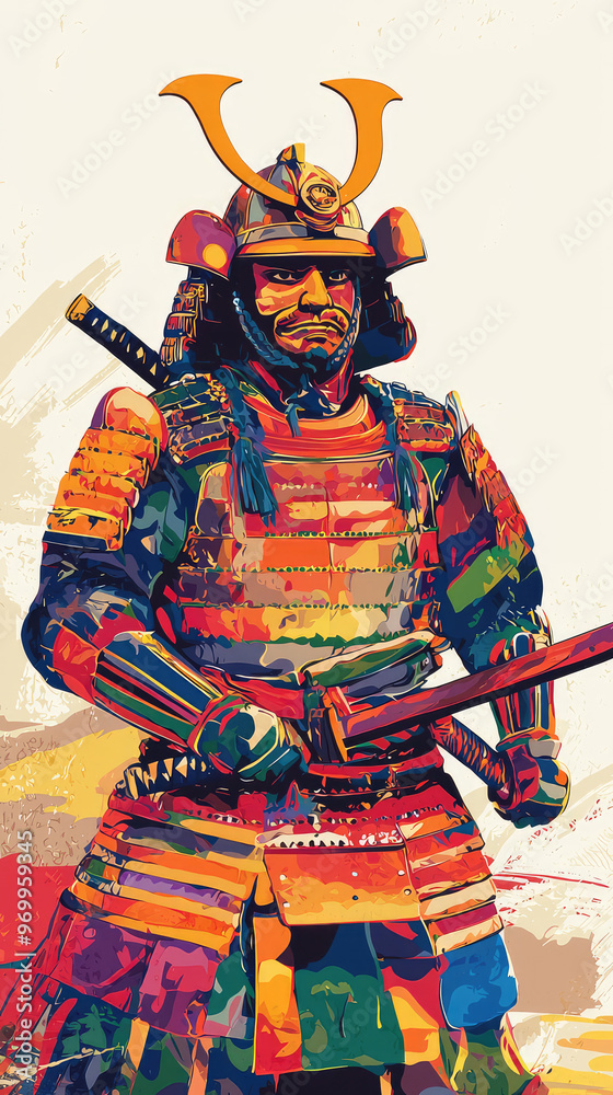 Fototapeta premium A vibrant depiction of an ancient warrior in traditional armor, showcasing strength and honor