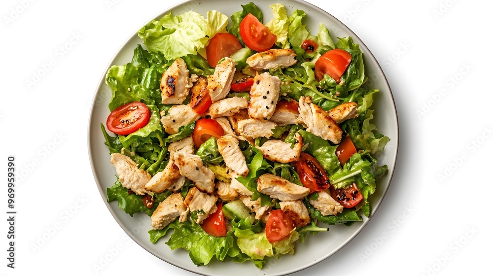 Grilled chicken salad with fresh lettuce and cherry tomatoes on white plate Grilled chicken salad with fresh lettuce and cherry tomatoes on white plate