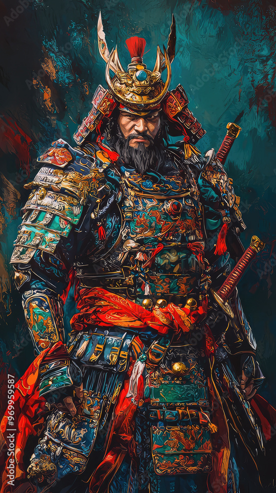 Fototapeta premium A colorful depiction of an ancient warrior in traditional armor, exuding strength and valor