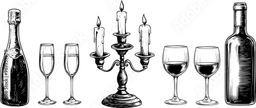 Vector vintage illustration of wine bottle and glass. Champagne with candlestick hand drawn sketch. Alcohol drink engraved set.