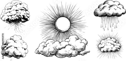 Vintage vector illustration of a cloud, sun, and rain. Sketch of weather elements including thunderstorm, lightning bolt, and drops.