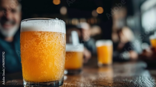 A group of friends are gathered in a cozy pub, toasting with glasses of beers, creating a warm and joyous atmosphere perfect for socializing and camaraderie.