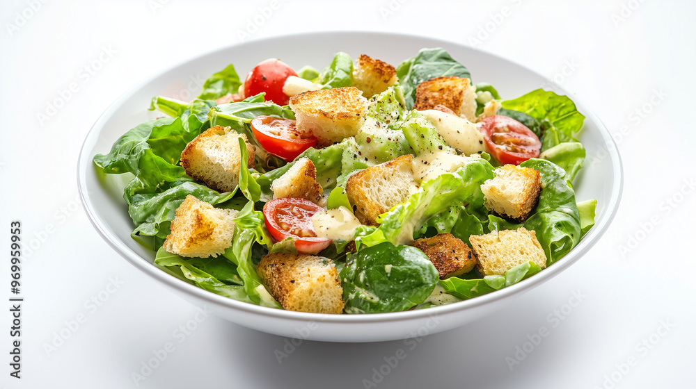 A fresh and vibrant bowl of Caesar salad filled with crisp lettuce, cherry tomatoes, croutons, and creamy dressing. A fresh and vibrant bowl of Caesar salad filled with crisp lettuce, cherry tomatoes, croutons, and creamy dressing.