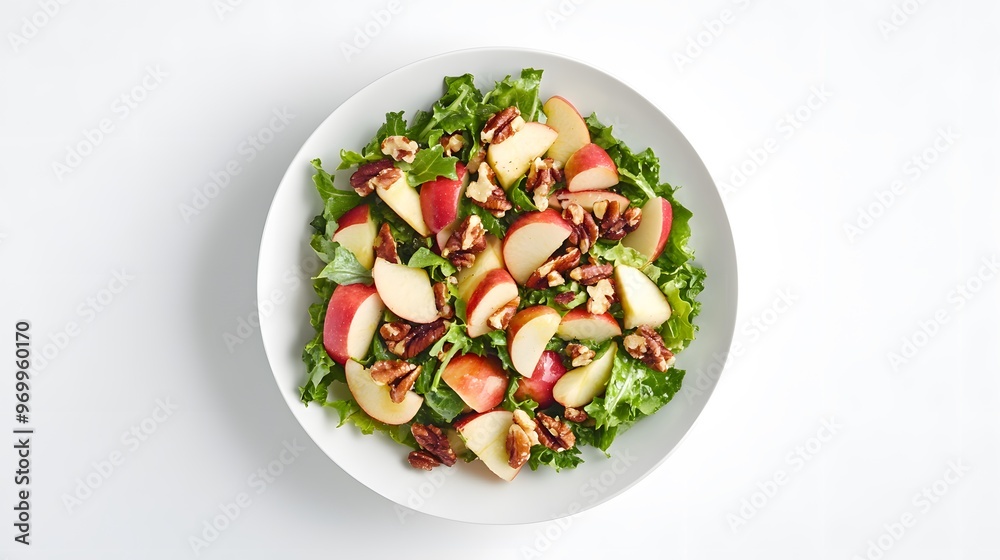 Fresh kale salad with apples, pecans, and walnuts on white background Fresh kale salad with apples, pecans, and walnuts on white background