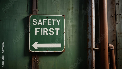 message sign safety first industry factory tone old rust green white