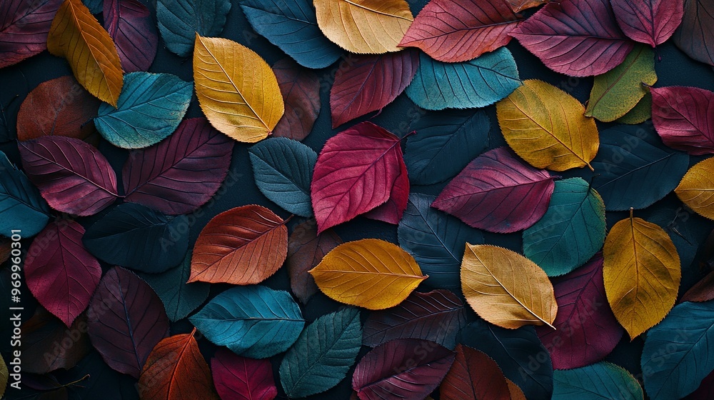 A Collection of Colorful Autumn Leaves on a Dark Surface A Collection of Colorful Autumn Leaves on a Dark Surface