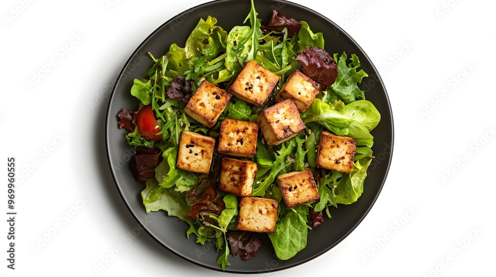 Crispy tofu salad with mixed greens and fresh vegetables Crispy tofu salad with mixed greens and fresh vegetables