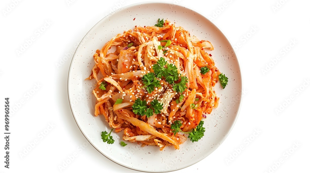 Spicy kimchi stir-fry with sesame seeds and parsley on a white plate Spicy kimchi stir-fry with sesame seeds and parsley on a white plate