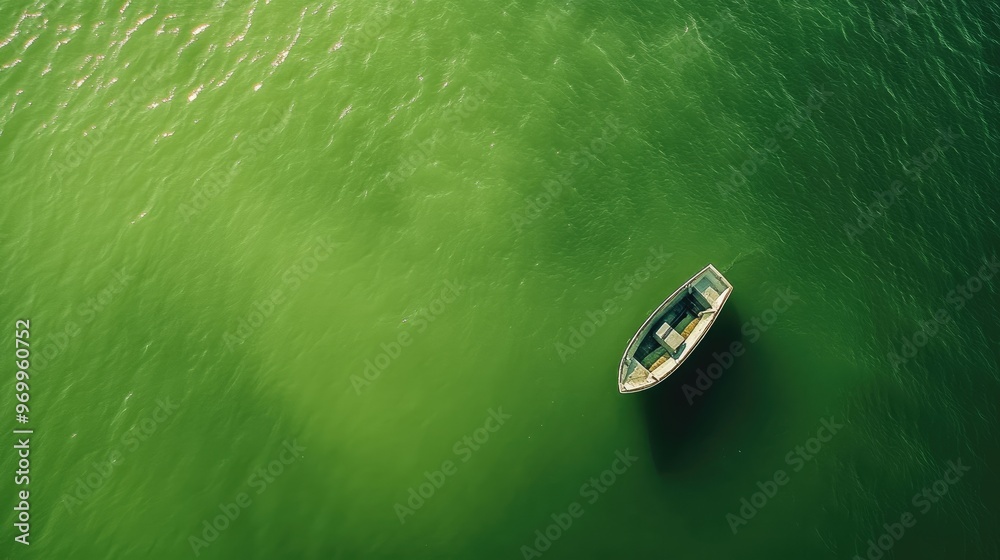 Lonely Rowboat on Still Green Water. Lonely Rowboat on Still Green Water.