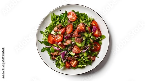 Fresh mixed salad with cherry tomatoes, arugula, and red onion garnish