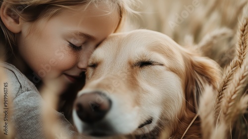 A little girl pressed close to her dog among ripened wheat stalks, eyes closed in a peaceful, sunlit moment that embodies warmth, love, and tranquillity.