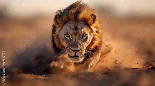 A majestic lion is captured mid-charge, with dust being kicked up around him. The image portrays strength, speed, and the raw power of the wild in a dynamic moment. photo