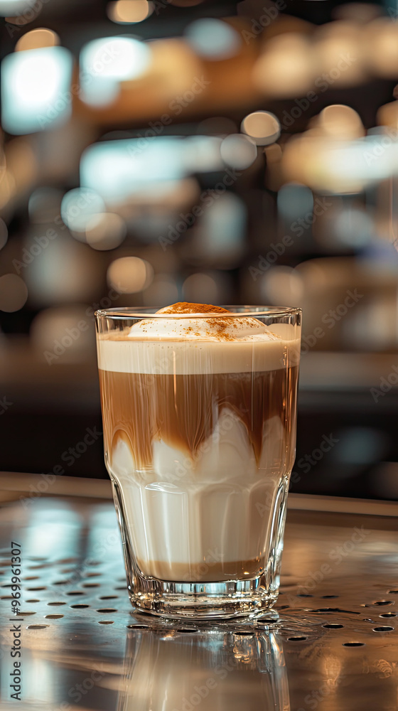 A glass of iced coffee with layers of milk and coffee, beautifully presented