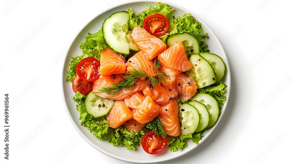 Fresh salmon salad with cucumbers, lettuce, and cherry tomatoes on a plate Fresh salmon salad with cucumbers, lettuce, and cherry tomatoes on a plate
