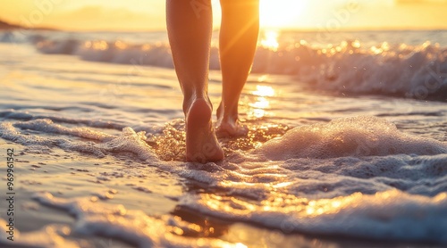 Feet walking on the beach at sunset.