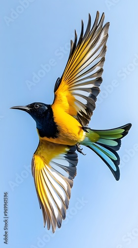 Regal Sunbird Flying Under Blue Sky, Photo Realistic, Wallpaper, Cover and Screen for Smartphone, PC, Laptop, 9:16 and 16:9 Format photo