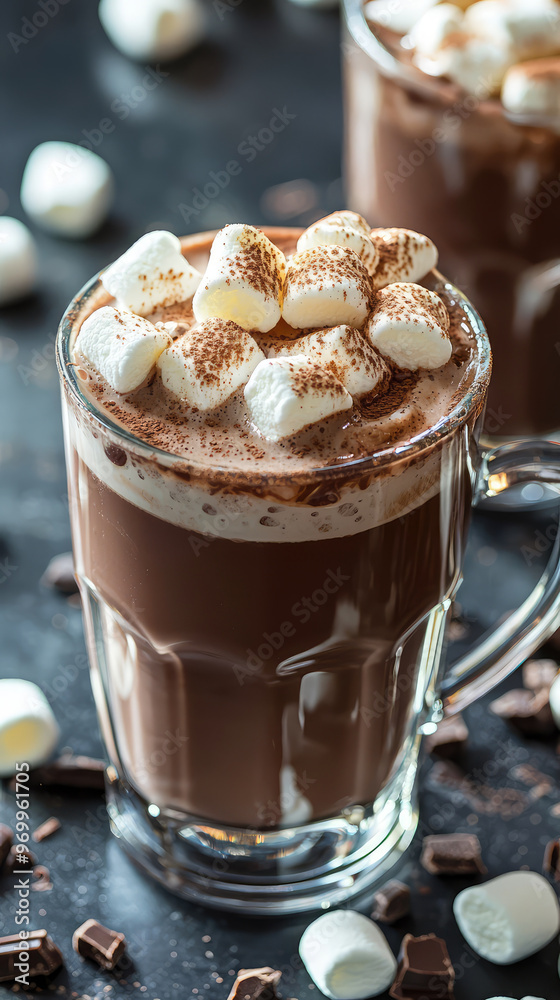 Rich hot chocolate topped with fluffy marshmallows creates cozy treat Rich hot chocolate topped with fluffy marshmallows creates cozy treat