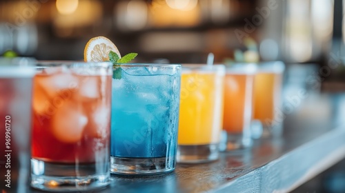 A selection of drinks lined up on a counter, each featuring unique garnishes and vivid colors, encapsulating the essence of variety, refreshment, and visual appeal in a modern bar setting.