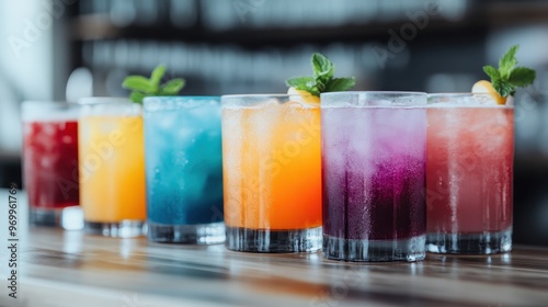 An array of colorful refreshing beverages, each garnished differently, displayed on a counter, showcasing the vibrancy, variety, and freshness of these drinks in a lively setting.