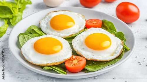  Three fried eggs on a white plate surrounded by lettuce, tomatoes, and a carton of eggs