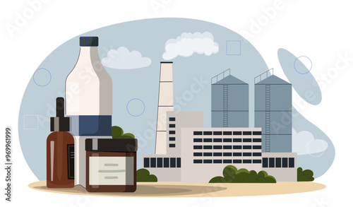 Dirty production concept. Hazardous waste at cosmetics container manufacturing plant. Carbon dioxide pollution and emission. Climate change. Flat vector illustration isolated on white background