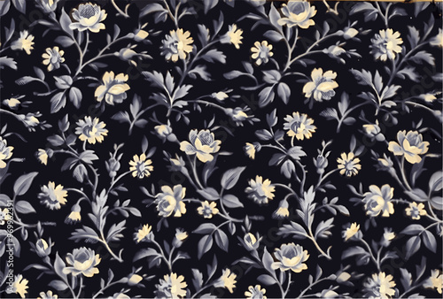 A vintage-inspired floral pattern in shades of blue on a dark navy background, ideal for textile, wallpaper, or decorative uses.