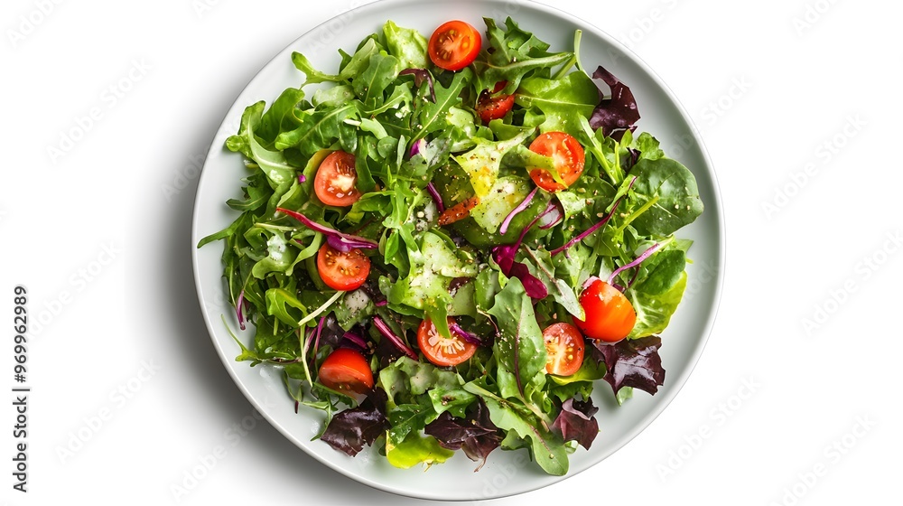 Fresh mixed greens and cherry tomatoes salad on white background Fresh mixed greens and cherry tomatoes salad on white background