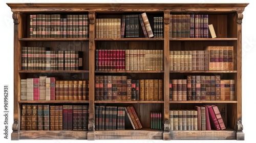 A full wooden bookcase with multiple shelves filled with antique books.