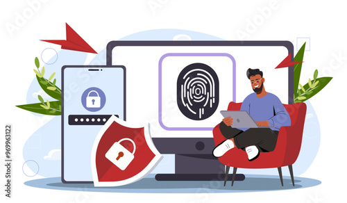 Man with cybersecurity technology. Young guy with fingerprint on computer screen. Security and protection of personal data. Authorization and authentication. Flat vector illustration