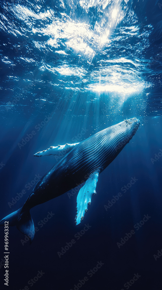 A majestic blue whale swimming gracefully in deep ocean A majestic blue whale swimming gracefully in deep ocean