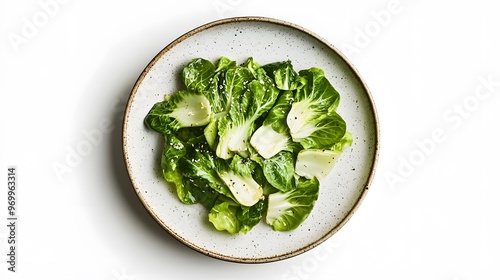 Fresh romaine lettuce salad on white ceramic plate with light vinaigrette dressing