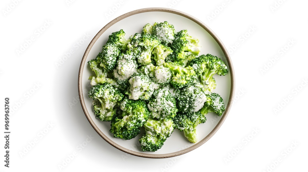 Fresh steamed broccoli florets in a white bowl on a clean white background Fresh steamed broccoli florets in a white bowl on a clean white background