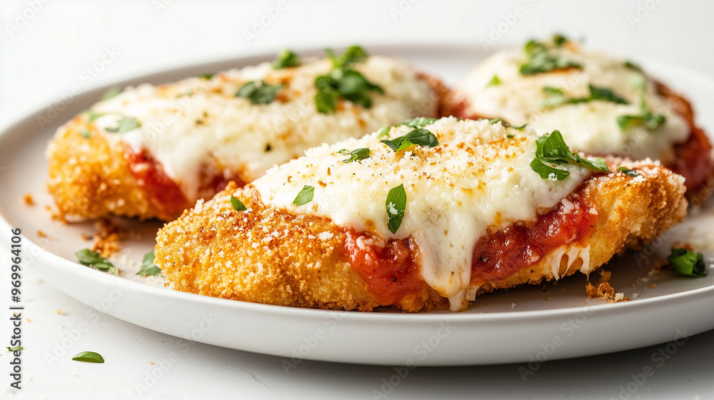 Delicious homemade chicken Parmesan topped with melted cheese and fresh basil, served on a white plate.