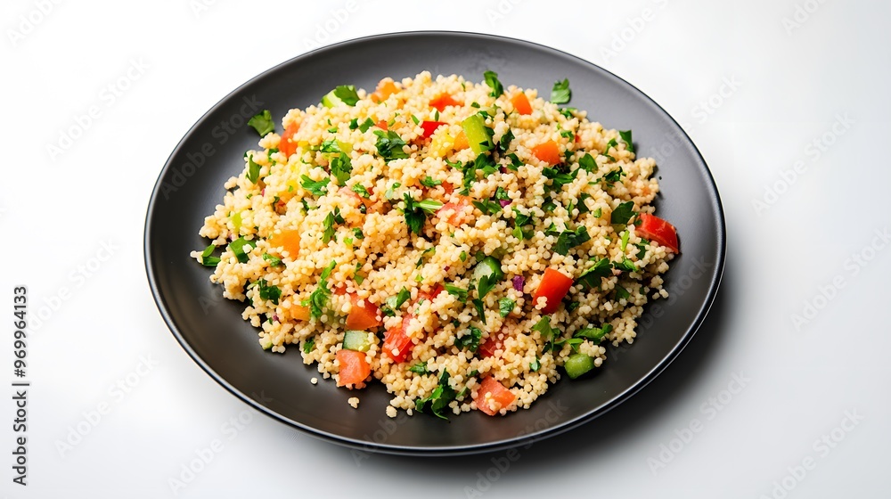 Colorful couscous salad with fresh vegetables in a black plate Colorful couscous salad with fresh vegetables in a black plate