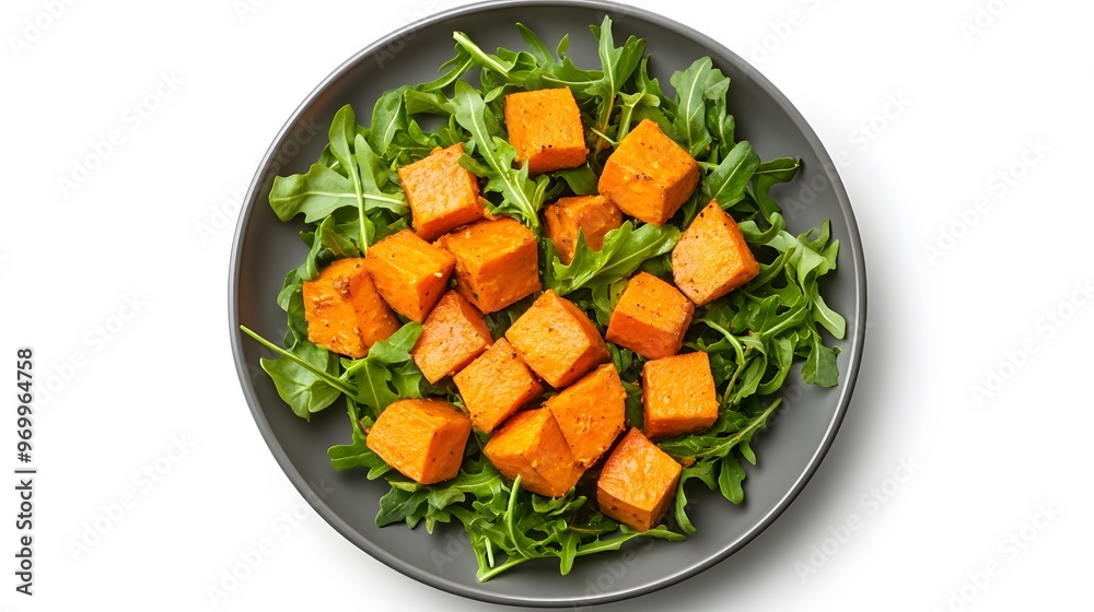 Healthy roasted sweet potatoes on a bed of fresh arugula Healthy roasted sweet potatoes on a bed of fresh arugula