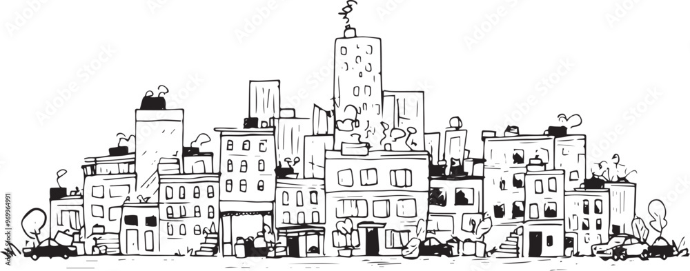 Obraz premium City landscape. Line urban backdrop. Skyline with clouds, different buildings on street, doodle street draw, outline cityscape hand sketch, flat houses. Hand drawn vector illustration 