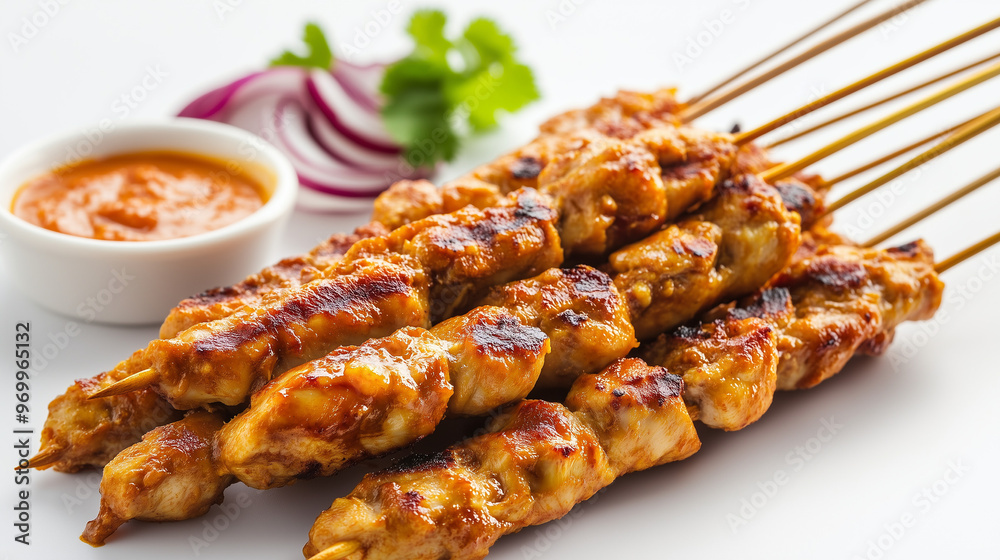 Close-up of grilled chicken skewers with dipping sauce, garnished with fresh herbs and red onion slices. Close-up of grilled chicken skewers with dipping sauce, garnished with fresh herbs and red onion slices.