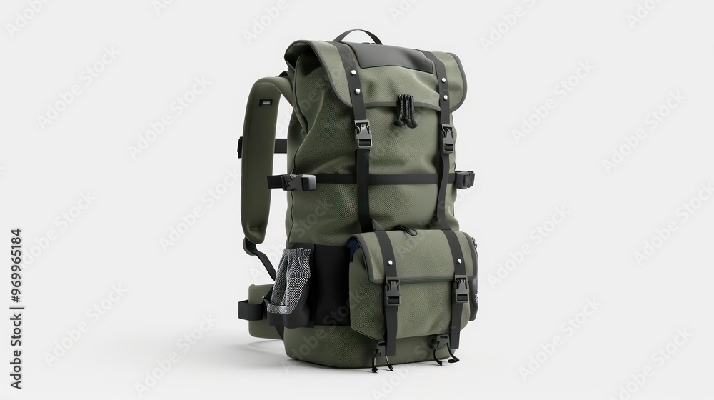 Naklejka premium Green and black hiking backpack with a mesh pocket and a front pocket isolated on a white background.