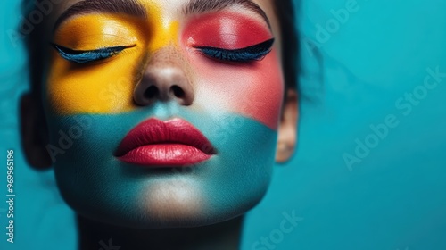 A vibrant artistic portrait featuring bold face paint design with striking colors red, yellow, and blue, emphasizing creativity, expression, and abstract art style.