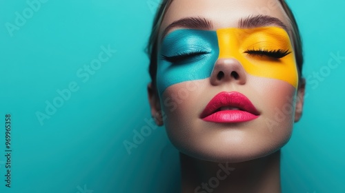 A vivid portrayal of a model with bold color-blocking makeup in blue and yellow, capturing the essence of modern beauty and artistic creativity with a tranquil expression. photo