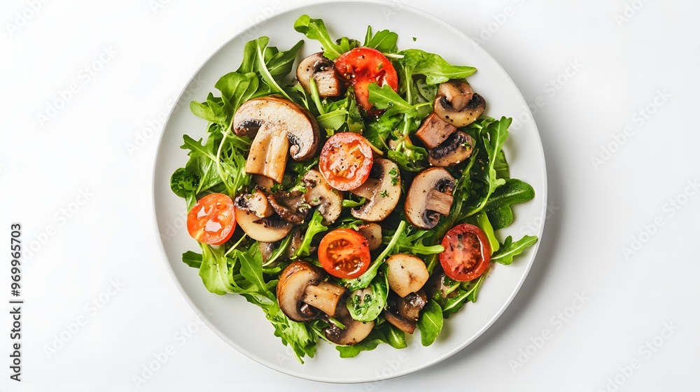 Fresh arugula salad with sautéed mushrooms and cherry tomatoes Fresh arugula salad with sautéed mushrooms and cherry tomatoes