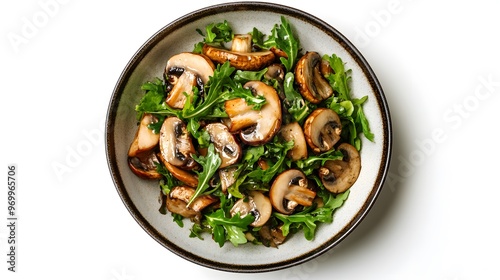 Fresh mushroom and arugula salad in a rustic bowl on a white background